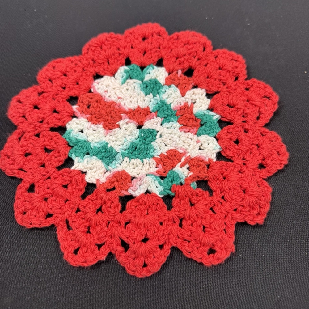 Vintage Crocheted Christmas Hot Pad Red Green White 8" Reversible